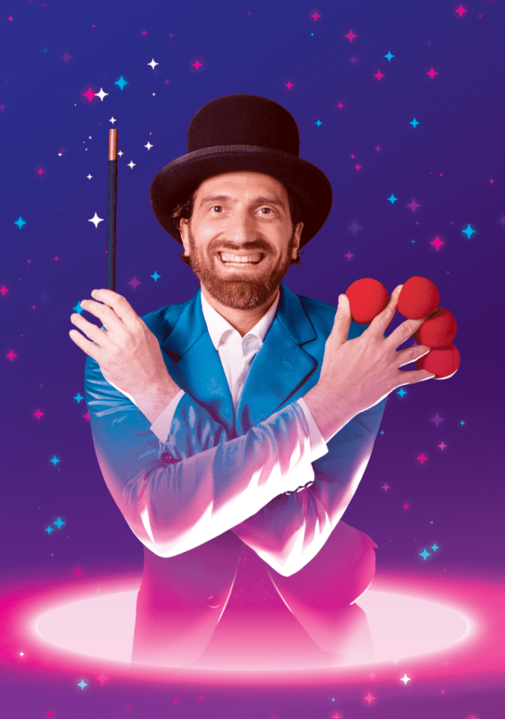 Armando holding a wand and four red sponges